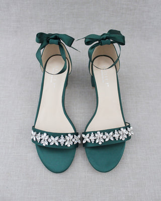 Satin Block Heel Sandals with Floral RhinestonesWomen Shoes