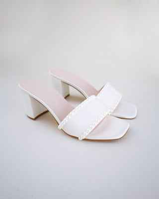 Satin Block Heels Slide Wedding Sandals with PearlsWomen Shoes