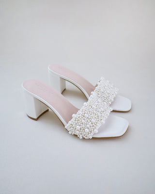 Satin Block Heels Slide Wedding Sandals with Perla AppliqueWomen Shoes
