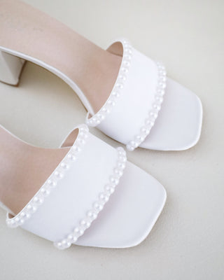 Satin Block Heels Slide Wedding Sandals with PearlsWomen Shoes