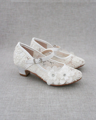 Ivory Lace Mary Jane Heels with Flowers