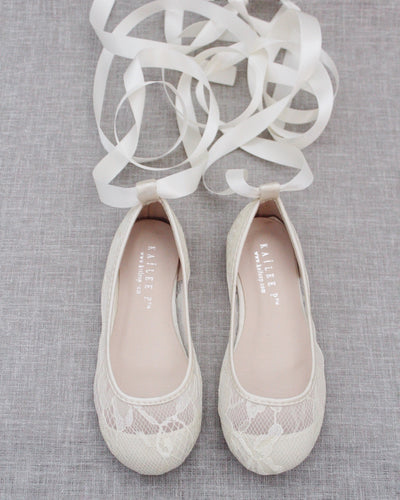 Ivory Lace Kids Flats with Ballerina Laces
