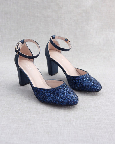 Navy Blue Glitter Block Heels