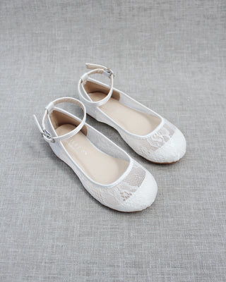 White New Lace Ballet Flats with Ankle StrapKids Shoes