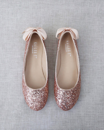 Rose Gold Glitter Women Flats with Back Bow
