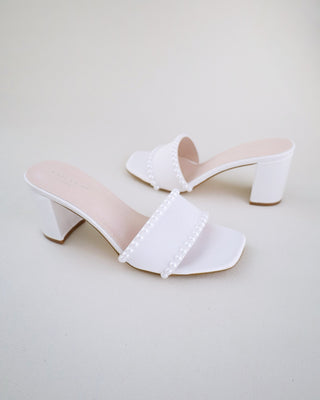 Satin Block Heels Slide Wedding Sandals with PearlsWomen Shoes