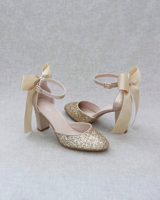 Rock Glitter Block Heel with Back Satin BowWomen Shoes
