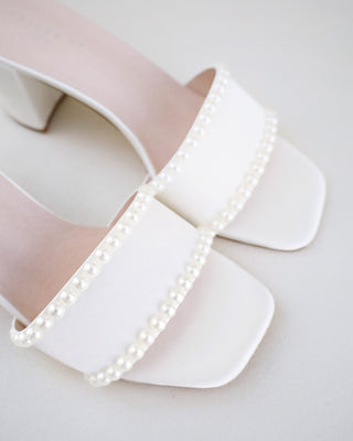Satin Block Heels Slide Wedding Sandals with PearlsWomen Shoes