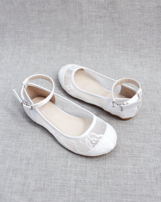 White New Lace Ballet Flats with Ankle StrapKids Shoes
