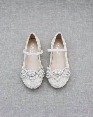 Crochet Lace Mary Jane Flats with Small Pearls AppliqueKids Shoes