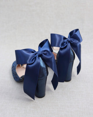 Rock Glitter Block Heel with Back Satin BowWomen Shoes