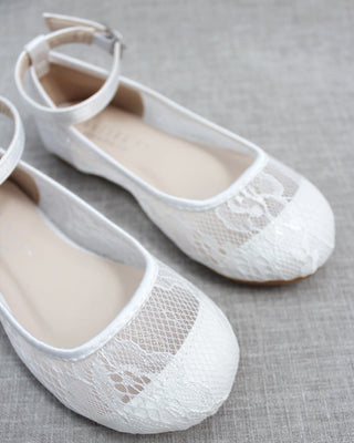 White New Lace Ballet Flats with Ankle StrapKids Shoes