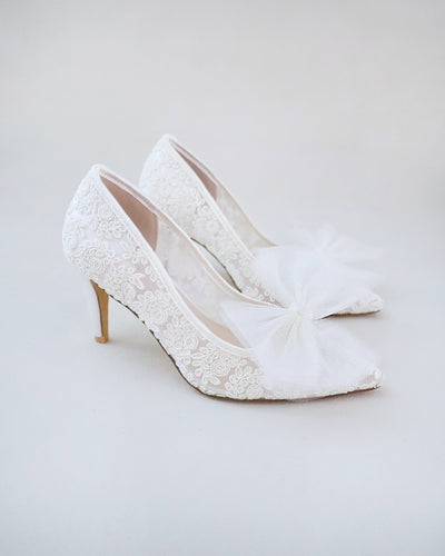ivory crochet wedding heels with tulle bow