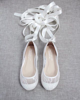 White New Lace Ballerina Flats with Ballerina Lace UpKids Shoes