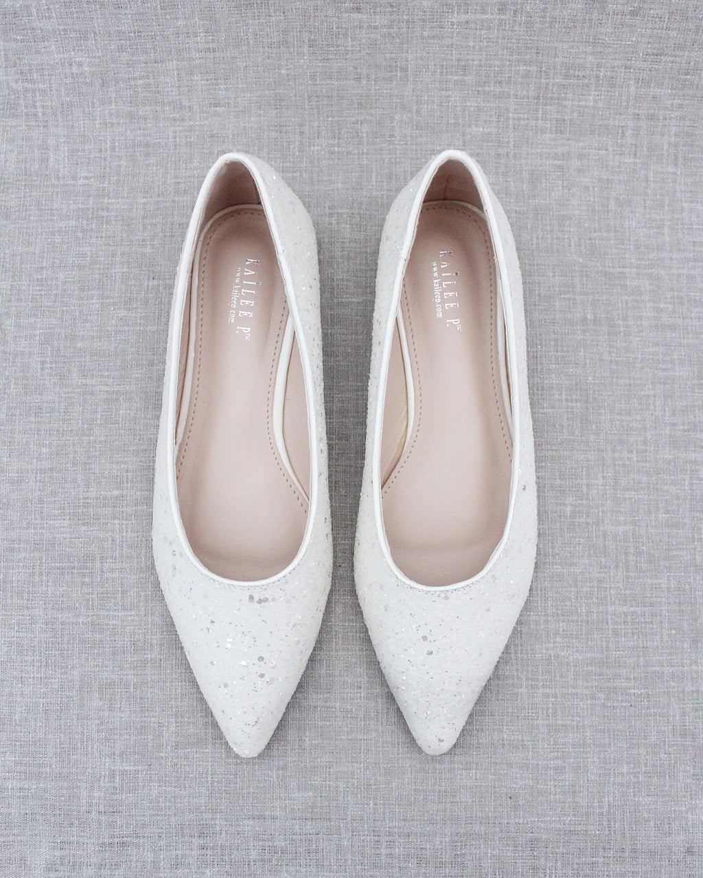 Bridal White Pointy Toe Glitter Flats, Wedding Shoes, Bridesmaid Shoes
