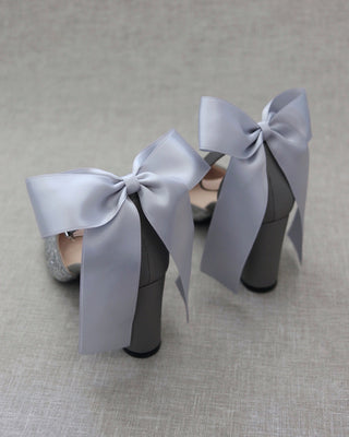Rock Glitter Block Heel with Back Satin BowWomen Shoes