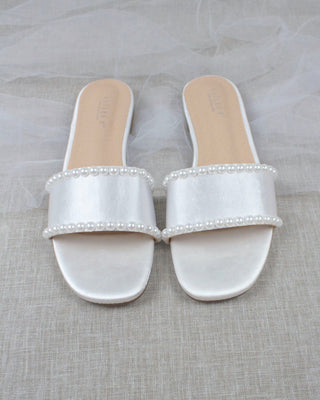 White Satin Slip on Sandals with PearlsWomen Shoes