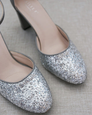 Silver Rock Glitter Block Heel with Ankle StrapWomen Shoes