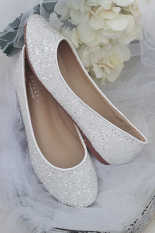 White Glitter Round Toe Flats Wedding ShoesWomen Shoes