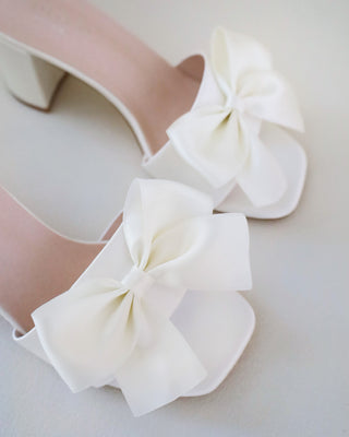 Satin Block Heels Slide Wedding Sandals with Satin BowWomen Shoes