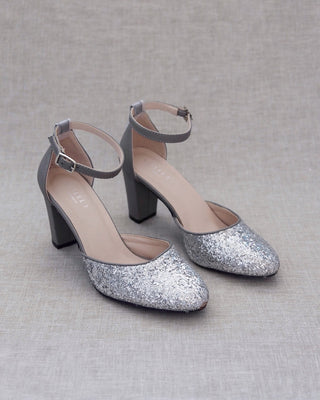 Silver Rock Glitter Block Heel with Ankle StrapWomen Shoes