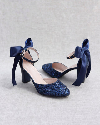 Rock Glitter Block Heel with Back Satin BowWomen Shoes