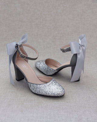 Rock Glitter Block Heel with Back Satin BowWomen Shoes