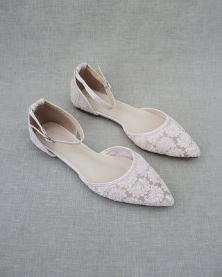 Crochet Lace Pointy Toe Flats with Ankle StrapWomen Shoes