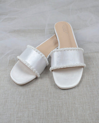 White Satin Slip on Sandals with PearlsWomen Shoes
