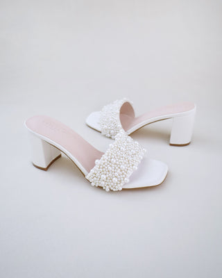 Satin Block Heels Slide Wedding Sandals with Perla AppliqueWomen Shoes