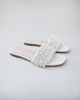 Ivory Satin Slip on Sandals with Perla AppliqueWomen Shoes