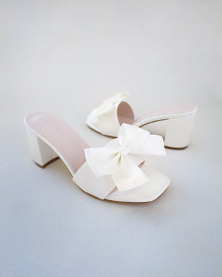 Satin Block Heels Slide Wedding Sandals with Satin BowWomen Shoes