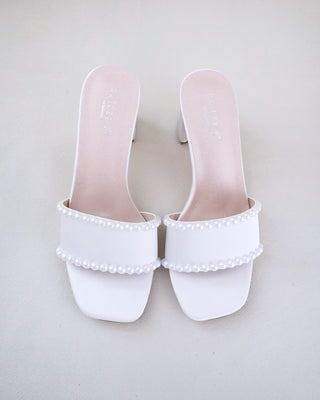 Satin Block Heels Slide Wedding Sandals with PearlsWomen Shoes