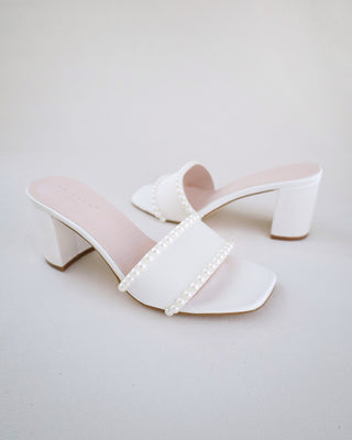 Satin Block Heels Slide Wedding Sandals with PearlsWomen Shoes