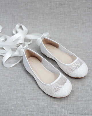 White New Lace Ballerina Flats with Ballerina Lace UpKids Shoes