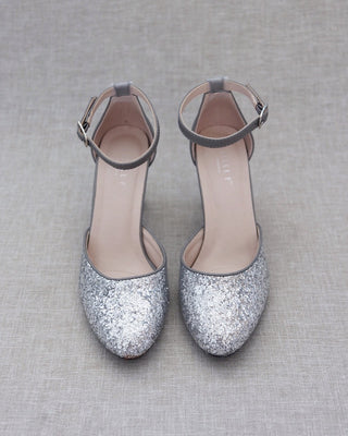 Silver Rock Glitter Block Heel with Ankle StrapWomen Shoes