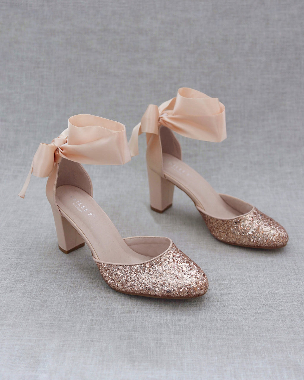 Rock Glitter Block Heel with Blush Wrapped Satin Tie, Bridal Shoes