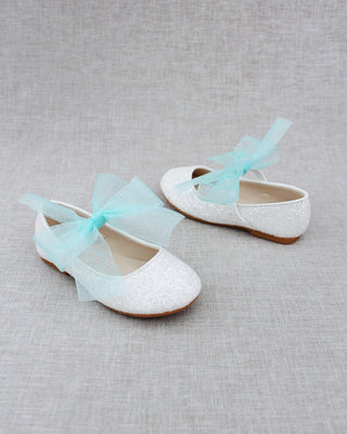 Fairy Inspired Shoes -  White Rock Glitter Mary Jane Flats with Chiffon BowKids Shoes