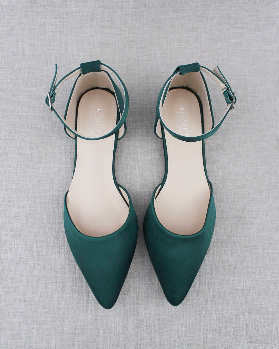 Hunter Green Satin Pointy Toe Flats with Ankle Strap Women Shoes