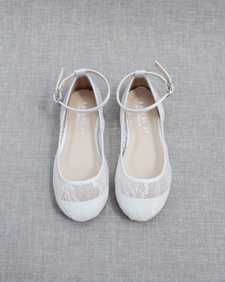 White New Lace Ballet Flats with Ankle StrapKids Shoes