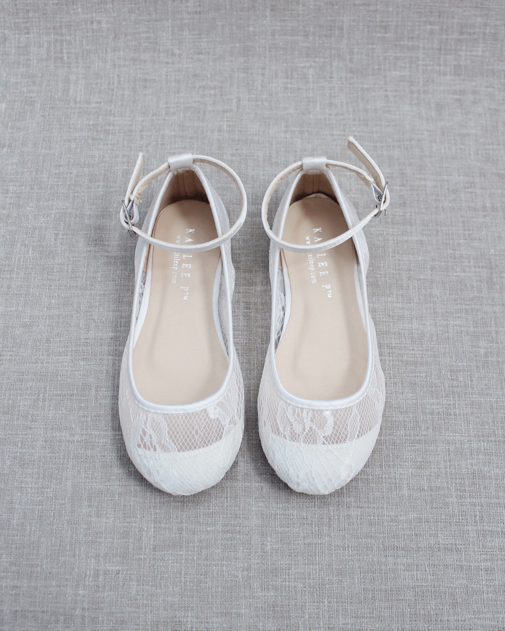 White New Lace Ballet Flats with Ankle Strap, Flower Girl Shoes