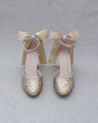 Rock Glitter Block Heel with Back Satin BowWomen Shoes