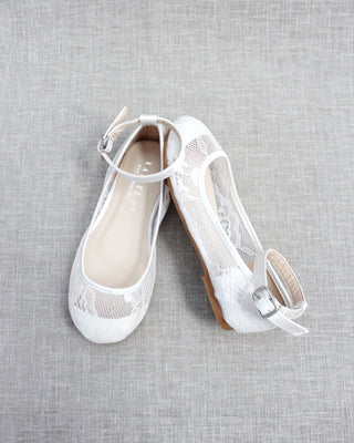 White New Lace Ballet Flats with Ankle StrapKids Shoes