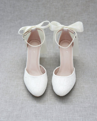 Lace Block Heel with Satin Back BowWomen Shoes