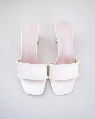 Satin Block Heels Slide Wedding Sandals with PearlsWomen Shoes