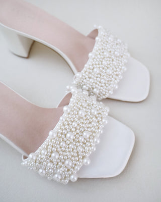 Satin Block Heels Slide Wedding Sandals with Perla AppliqueWomen Shoes