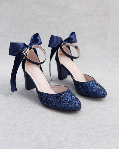 Navy Blue Glitter Block Heels with Back Bow