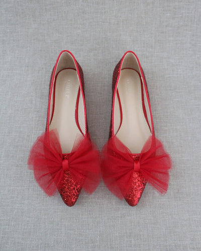 Red Evening Pointy Toe Glitter Flats with Oversized Tulle Bow