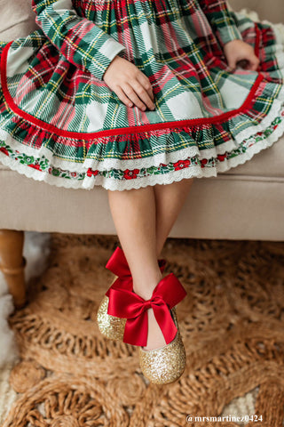 Gold Rock Glitter Mary Jane Flats with Brick Red Satin BowKids Shoes