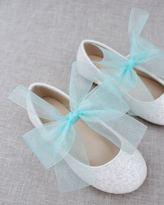 Fairy Inspired Shoes -  White Rock Glitter Mary Jane Flats with Chiffon BowKids Shoes
